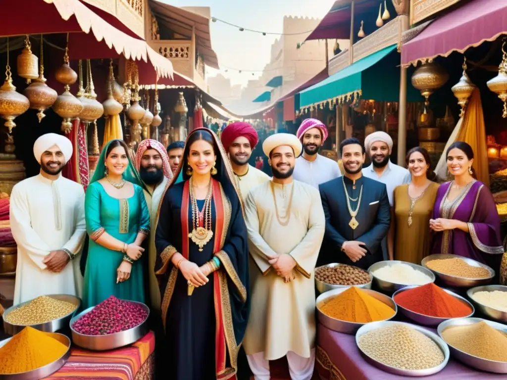 Un vibrante mercado del Medio Oriente, con hombres y mujeres vistiendo la tradicional vestimenta del Medio Oriente entre textiles, joyas y especias