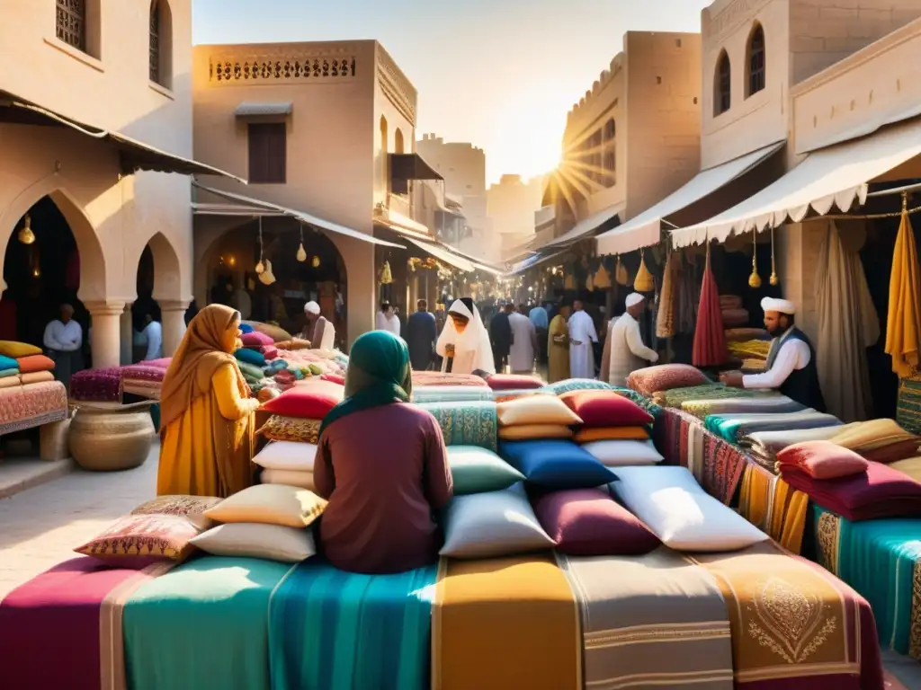 Vibrante mercado en el Medio Oriente muestra el impacto cultural del algodón en la moda, con coloridos textiles en exhibición