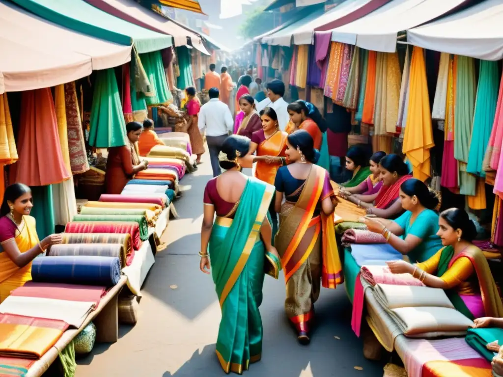 Un vibrante mercado indio con saris de colores, mujeres regateando telas y jóvenes aprendiendo a colocar un sari, muestra la historia de la moda india