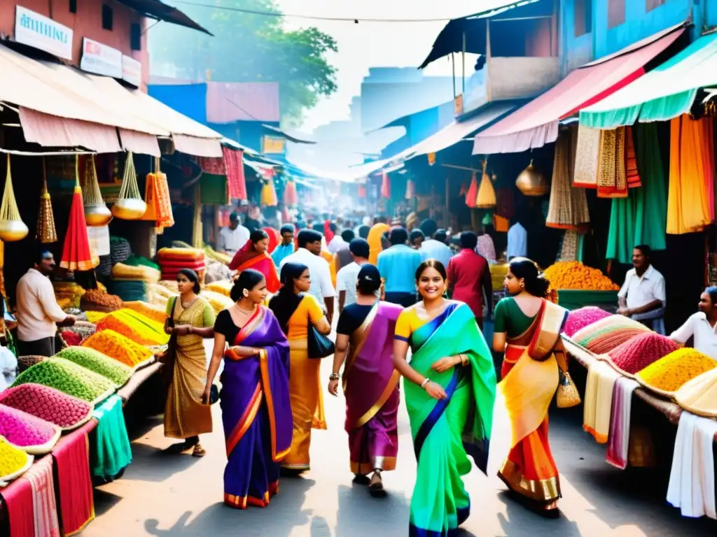 Vibrante mercado de moda india, con vendedores y mujeres en saris coloridos, capturando la esencia de la moda india en la era digital