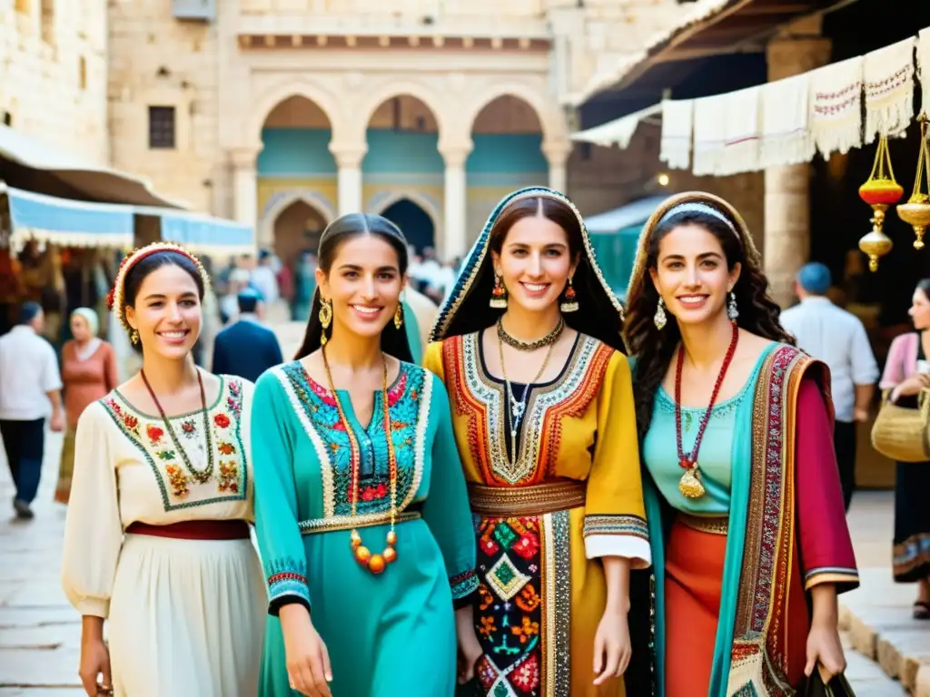 Un vibrante mercado en Jerusalén, con mujeres israelíes vistiendo trajes tradicionales