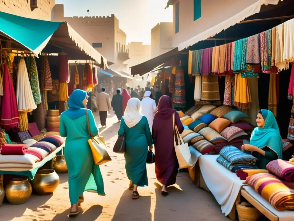 Vibrante mercado del Medio Oriente con paleta de colores impactante en la vestimenta