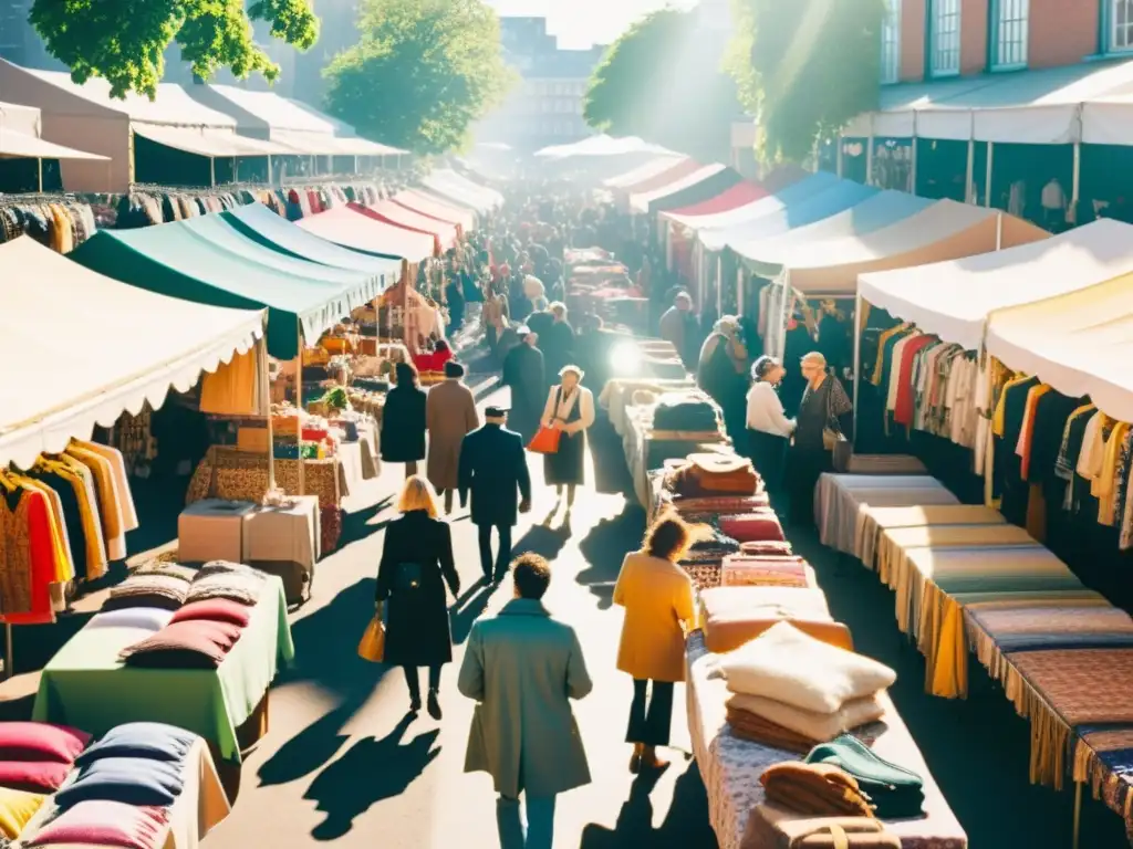 Vibrante mercado de ropa de segunda mano con moda sostenible, colores vivos y energía comunitaria en un día soleado