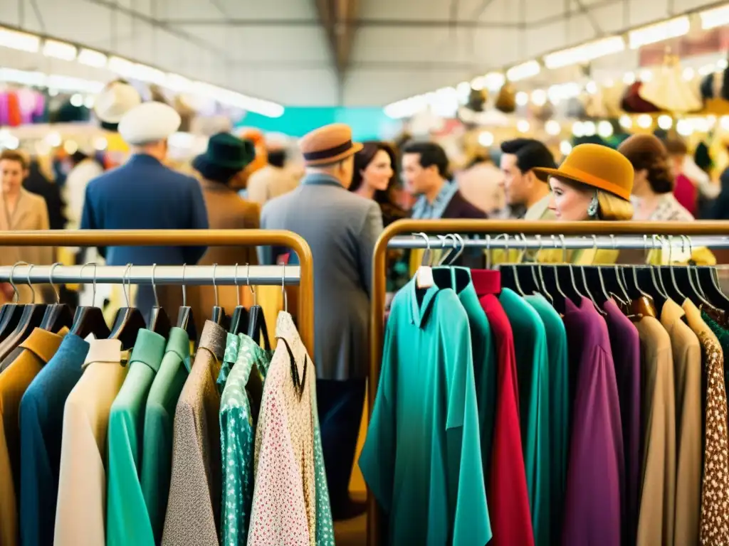 Un vibrante mercado de ropa vintage, con colores llamativos y una atmósfera nostálgica