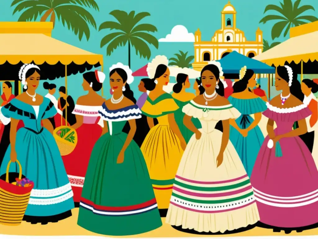 Un vibrante mercado del siglo XIX en América Latina muestra la moda durante independencia latinoamericana con vestidos bordados y chales coloridos