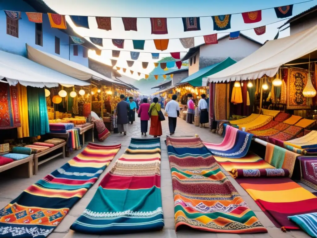 Vibrante mercado del sudeste asiático, rebosante de moda y textiles tradicionales