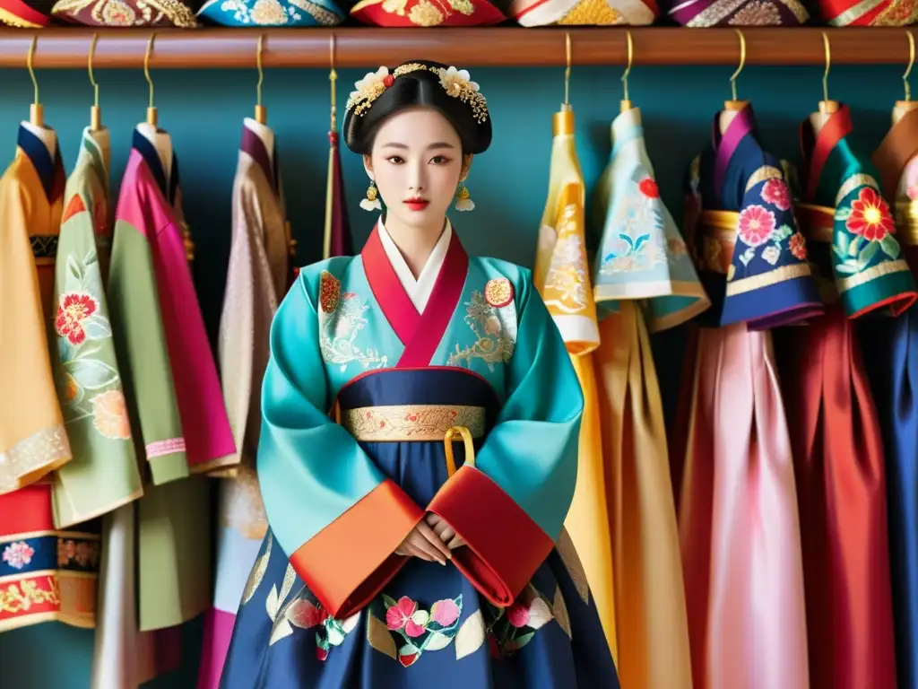 Vibrante hanbok en mercado de Seúl, preservación moda tradicional asiática