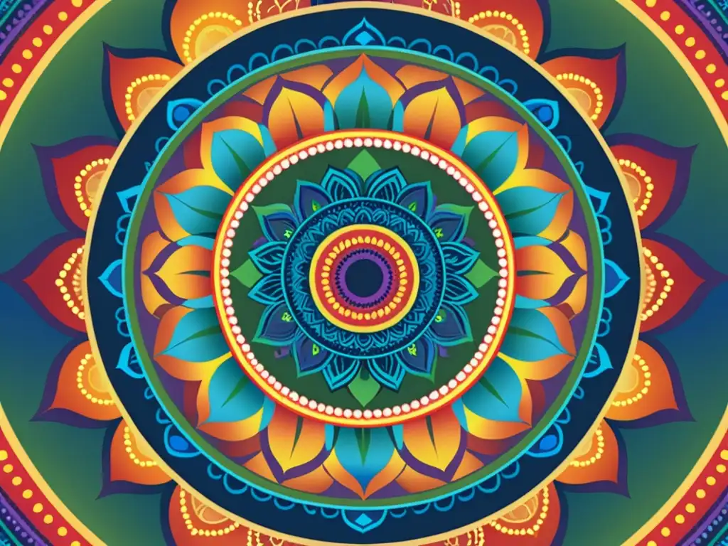 Un mandala vibrante con una paleta de colores que evoca energía, pasión, creatividad y tranquilidad