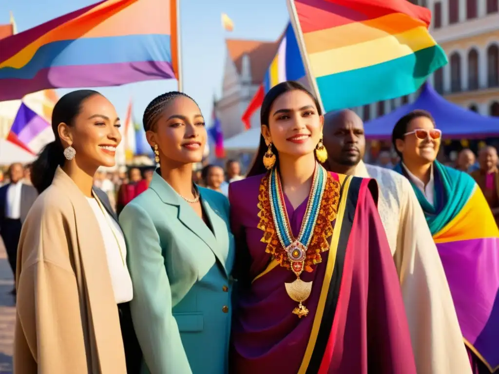 Una vibrante plaza multicultural donde individuos de diferentes culturas y géneros lucen trajes tradicionales, celebrando la diversidad y la inclusión