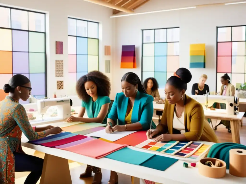 Un vibrante taller de diseñadores de moda y artesanos trabajando en colaboración, rodeados de telas coloridas y herramientas de diseño