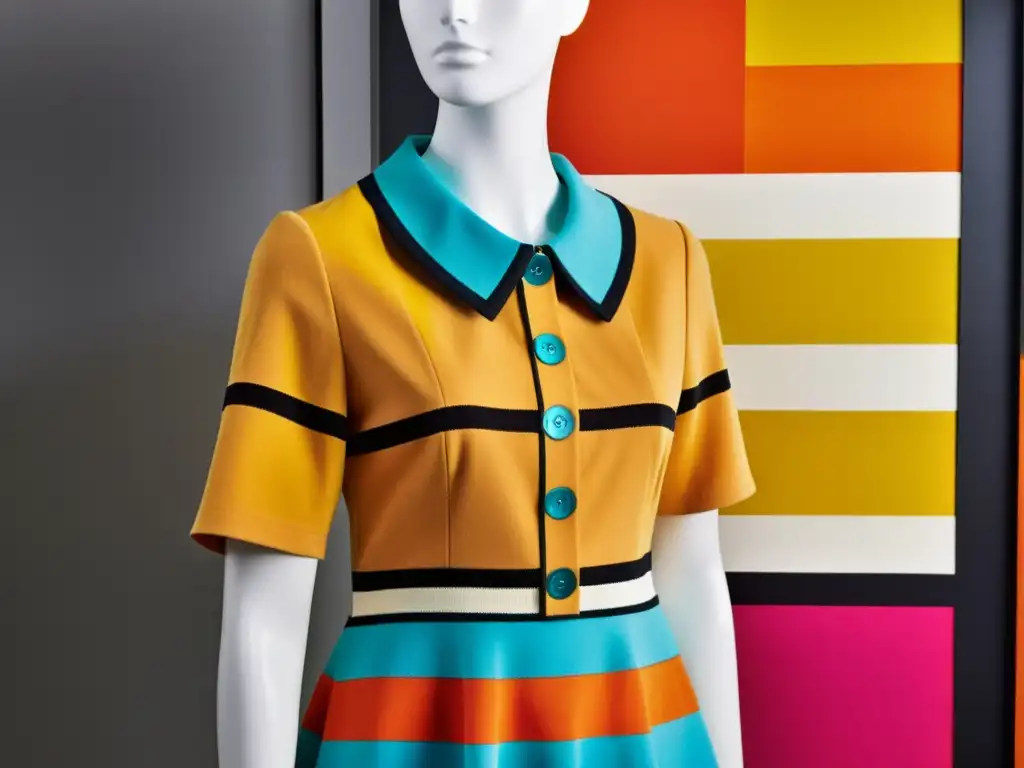 Maniquí exhibe vibrante vestido mini con patrón geométrico de Mary Quant, símbolo de la Revolución de la Mini Mary Quant en los 60