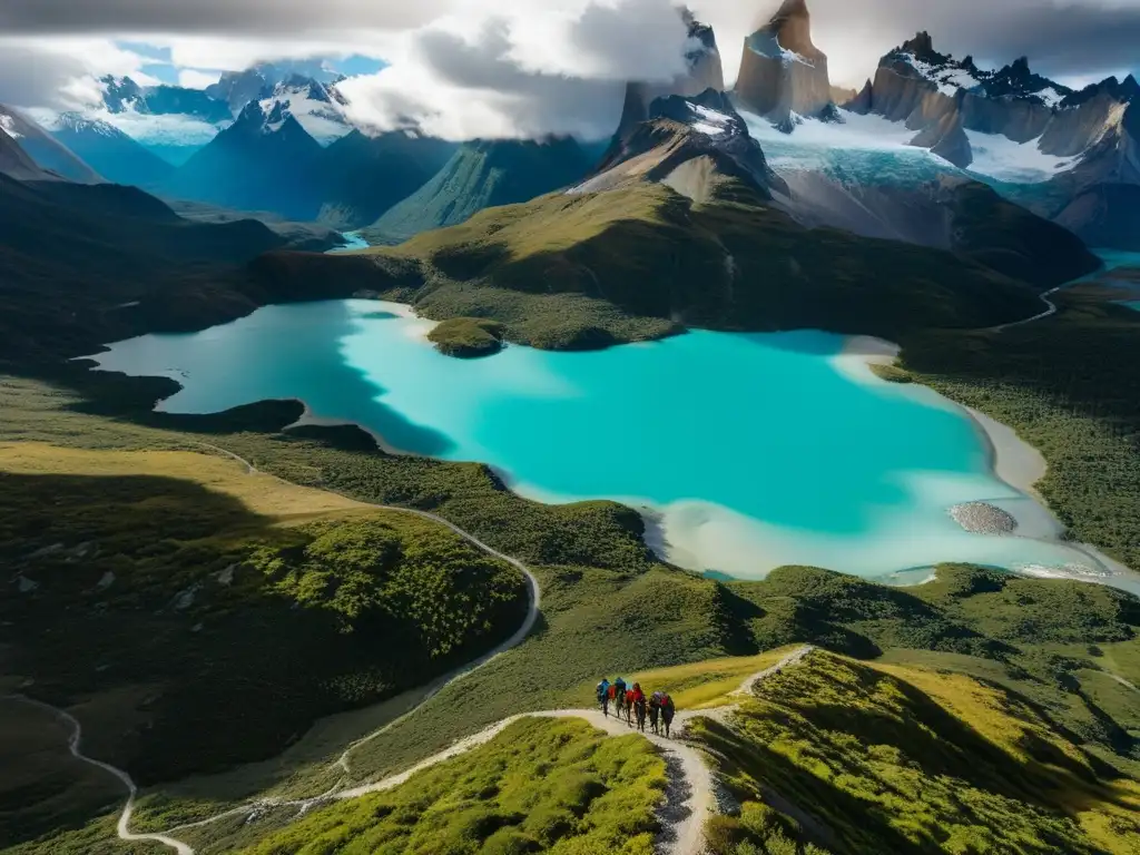 Explorando la majestuosa Patagonia: Aventura en estado puro Vista aérea impresionante de la majestuosa Patagonia con montañas nevadas, lagos turquesa y valles verdes
