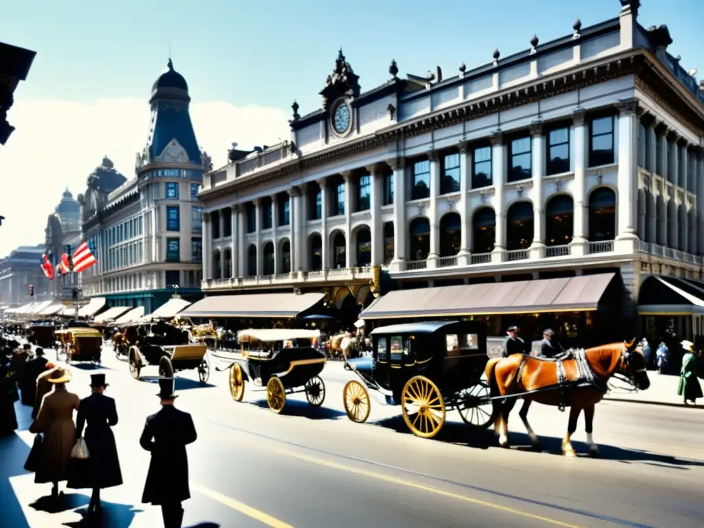 Vista de una bulliciosa calle de la ciudad del siglo XIX, con carruajes y peatones elegantes