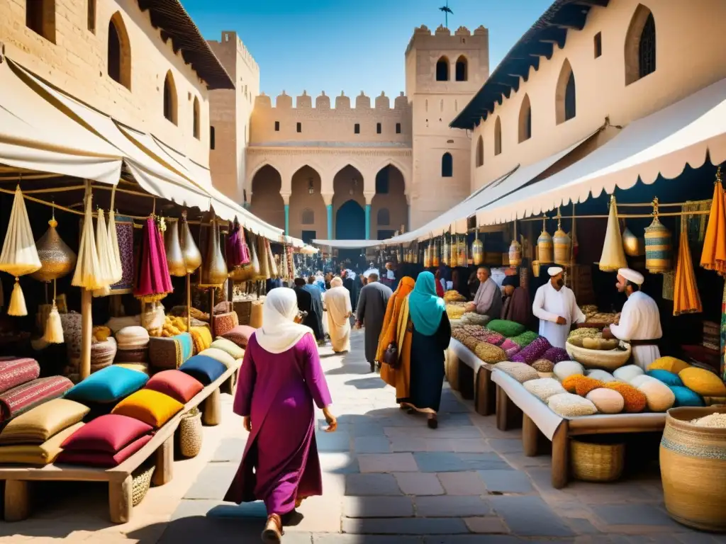 Vista de un bullicioso mercado medieval en Medio Oriente, con indumentaria indicador status y rica arquitectura