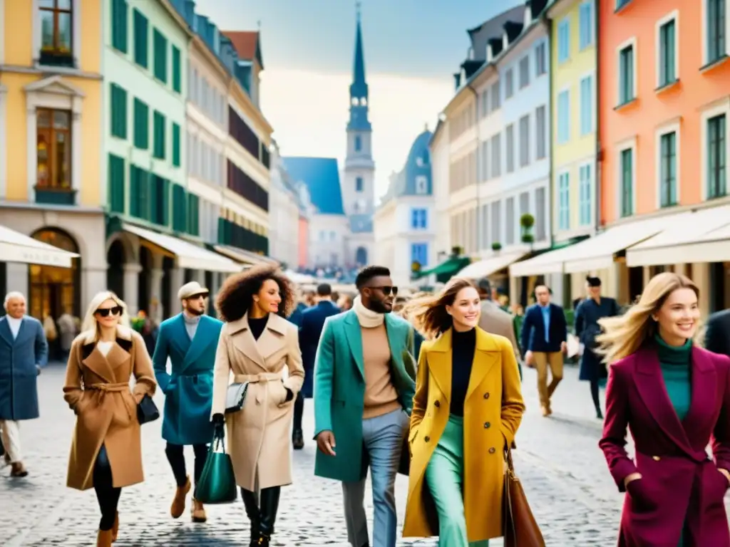 Vista de la calle en una ciudad europea, con moda sostenible en primer plano y arquitectura histórica y moderna al fondo