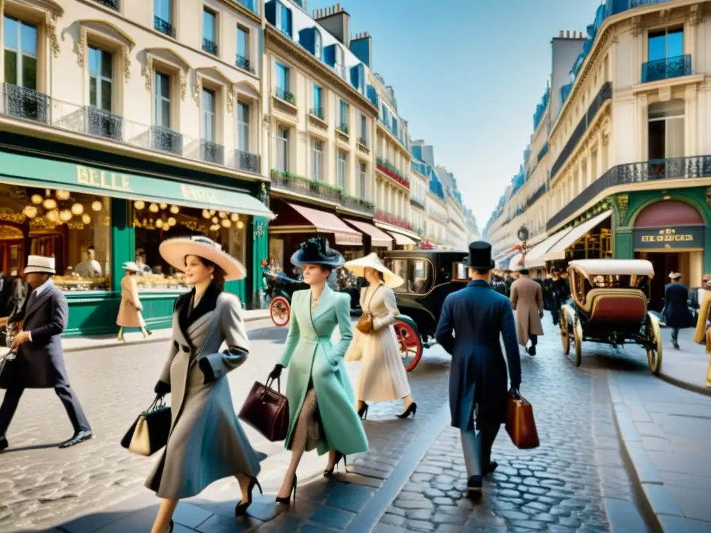 Vista detallada de una bulliciosa calle parisina durante la Belle Époque, con elegantes hombres y mujeres paseando, carruajes y edificios ornamentados