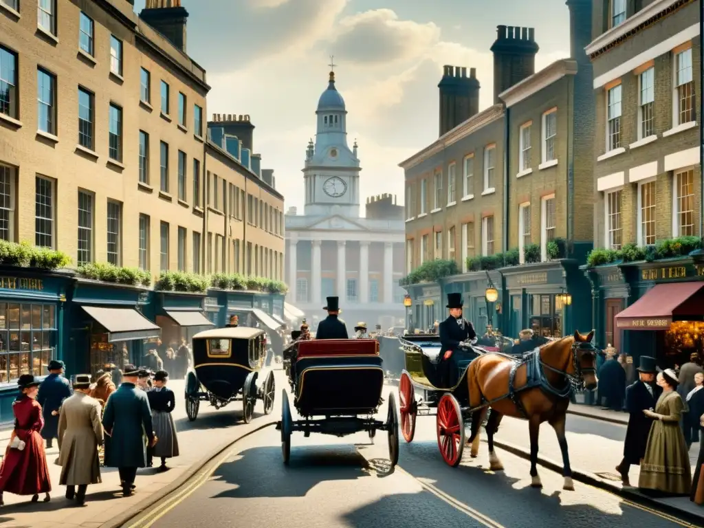 Vista detallada de las concurridas calles de Londres del siglo XIX, con indumentaria en las obras de Charles Dickens y la vida cotidiana de la época