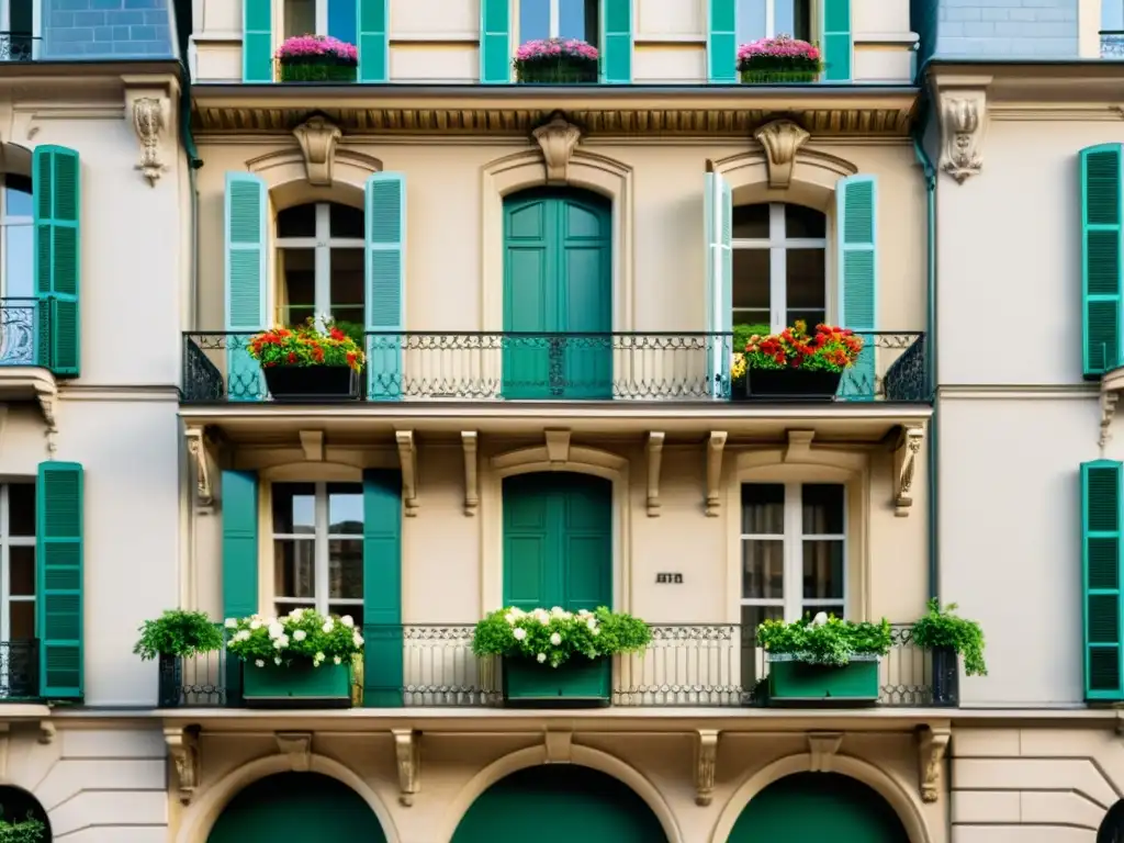 Vista detallada de un elegante edificio parisino con balcones de hierro forjado, ventanas arqueadas y flores