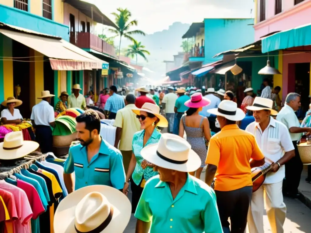 Vista documental de un animado mercado cubano, con impacto cultural de la moda latina en guayaberas, sombreros y música de salsa