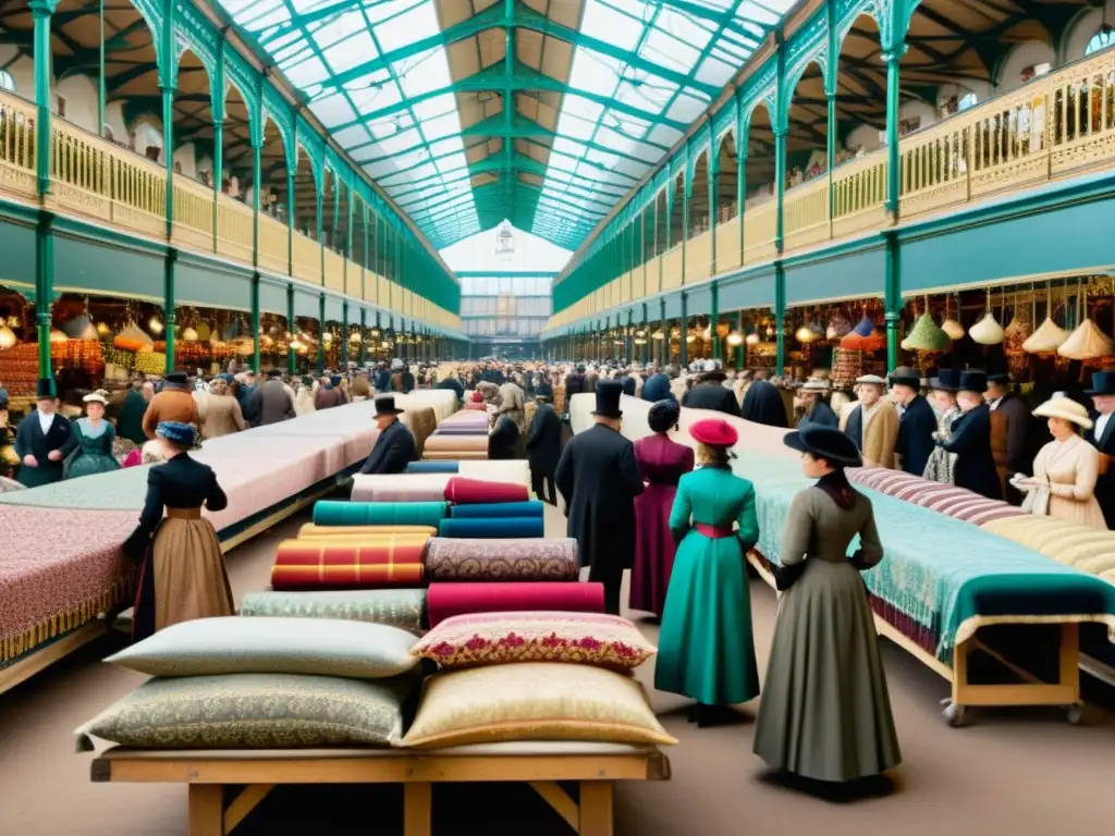 Vista documental del bullicioso mercado victoriano, con comercio de tela en la moda victoriana en una tarde cálida y dorada