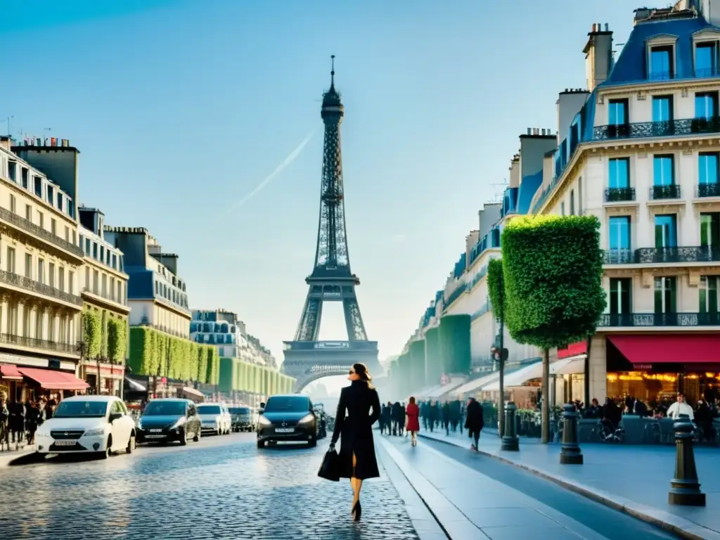 Vista de París con boutiques de moda, elegantes parisinos y la icónica Torre Eiffel, reflejando la historia de la moda parisina de Givenchy