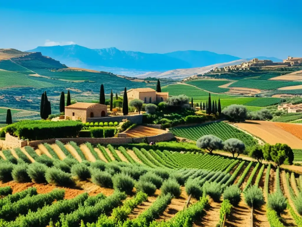 Vista panorámica de la campiña siciliana bañada por el sol, con viñedos y olivares verdes