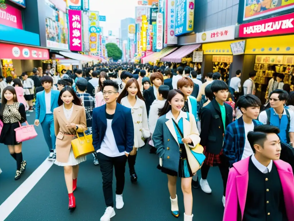 Vista panorámica de la concurrida calle de Harajuku en Tokio, con jóvenes luciendo el icónico estilo de moda asiática