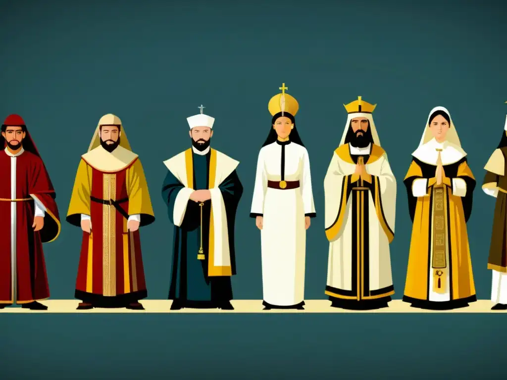 Representación visual de la evolución de los atuendos religiosos a lo largo de los siglos, mostrando simbolismo, moda y espiritualidad