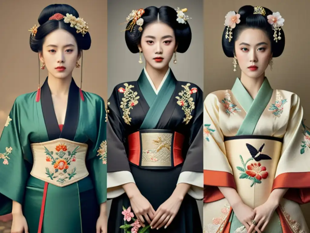 Una representación visual impresionante de paralelismos estéticos entre victorianos y geishas, destacando la elegancia y simetría de sus vestimentas y peinados