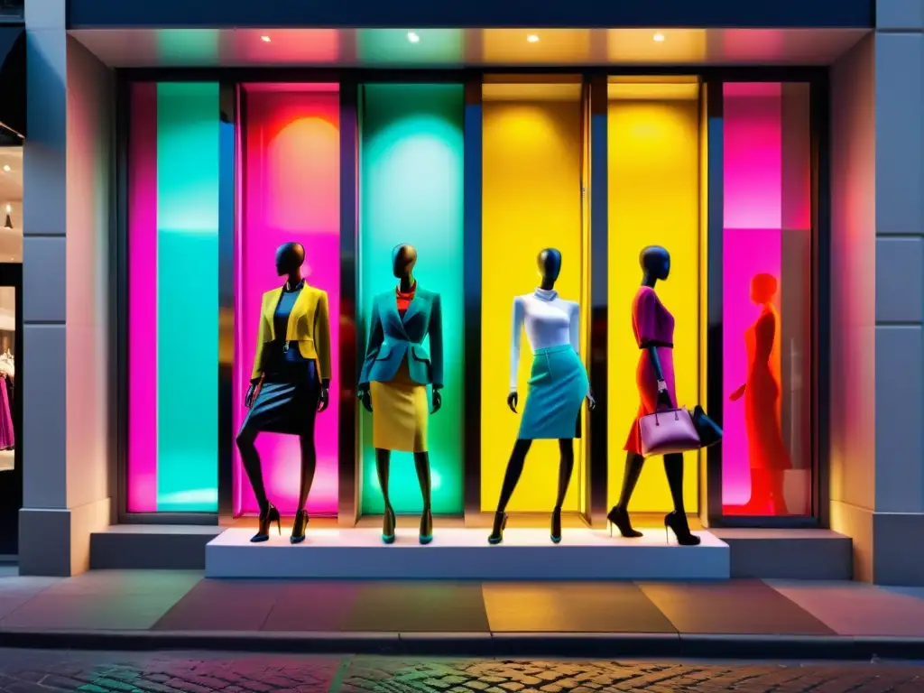 Vívida exhibición de maniquíes en una tienda de moda, con colores contrastantes y luces dramáticas, reflejando la psicología del color en moda