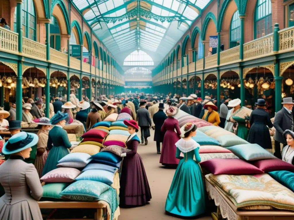 Vívido comercio de tela en la moda victoriana, con colores y texturas vibrantes que capturan la esencia de la época