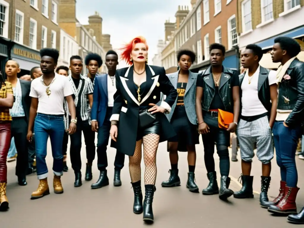 Vivienne Westwood desafía la moda punk en la calle, con jóvenes curiosos y seguidores, reflejando su impacto en la moda