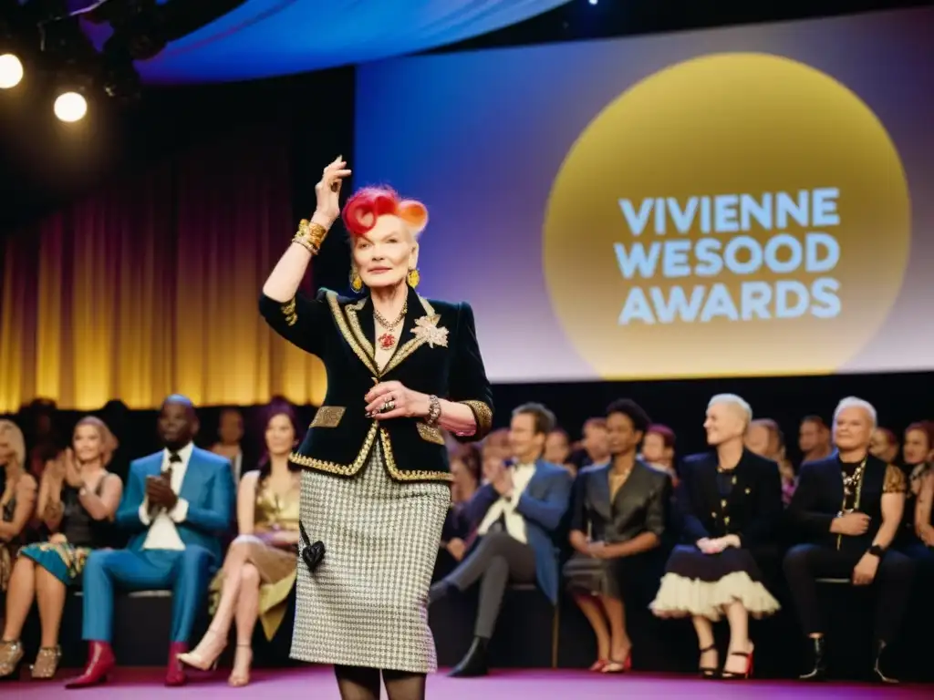 Vivienne Westwood recibe un premio por su trayectoria en la moda, rodeada de admiradores aplaudiendo en un escenario impresionante