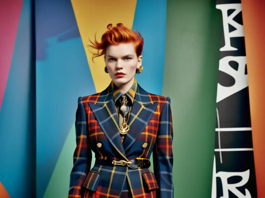 Fashion de Vivienne Westwood, traje a cuadros con cortes asimétricos y accesorios llamativos, influencia del punk en la alta costura