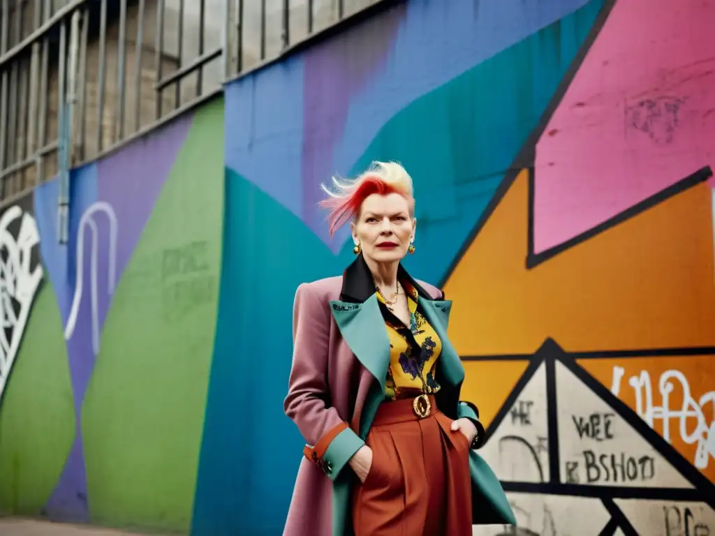 Vivienne Westwood impacto en la moda: retrato documental de la diseñadora frente a un mural graffiteado, con atuendo vanguardista y actitud rebelde