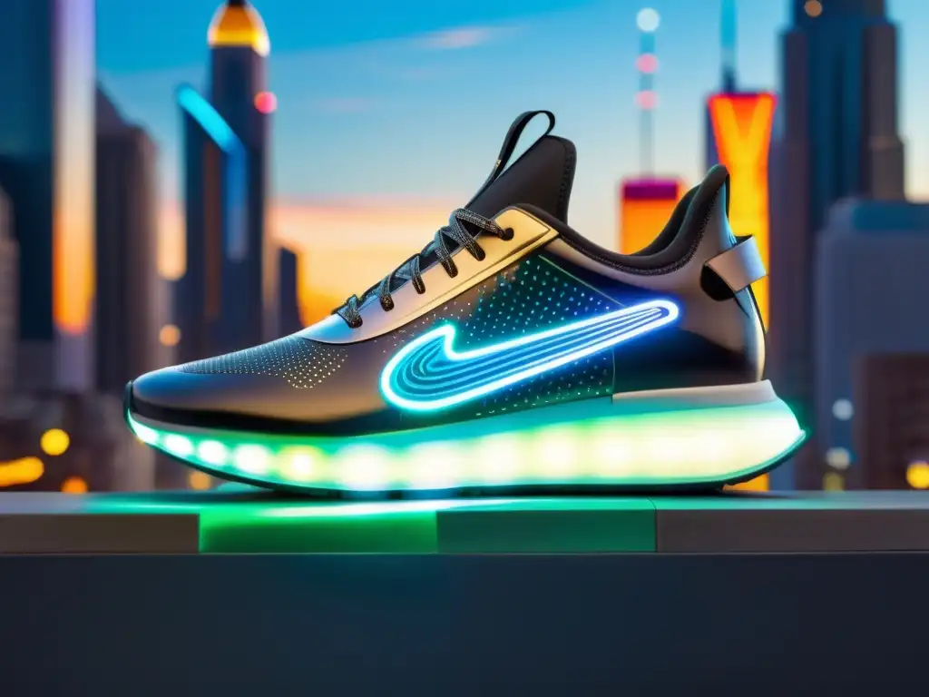 Zapatillas con tecnología futurista brillan en ciudad avanzada con hologramas y rascacielos